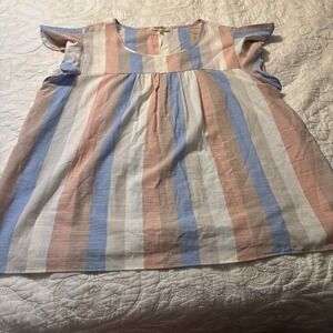 Haptic Women's 2X Striped‎ Blouses, Scooped Neck, High Waist Flutter Sleeves